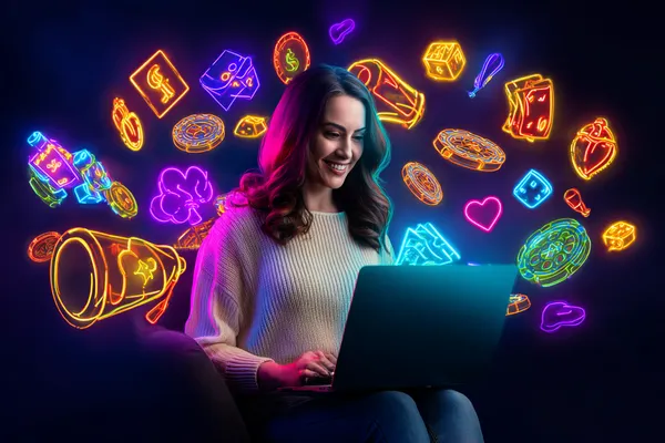 A man celebrating a winning moment on his laptop while gaming symbols float around him, capturing the excitement of 7D77 games.